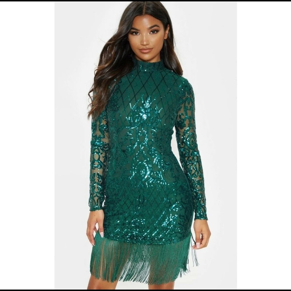 NWT PrettyLittleThing Fringe Sequin Bodycon Dress Sz 0